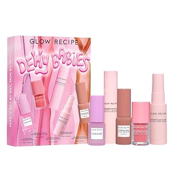 Glow Recipe Dewy Babies Travel Skincare Set - Plum Plump Hyaluronic Acid Serum + Dewy Flush Tinted Blush Drops + Pink Juice Face Moisturizer + Bronzing Hue Drops + Ultra Fine Facial Mist 5 Count