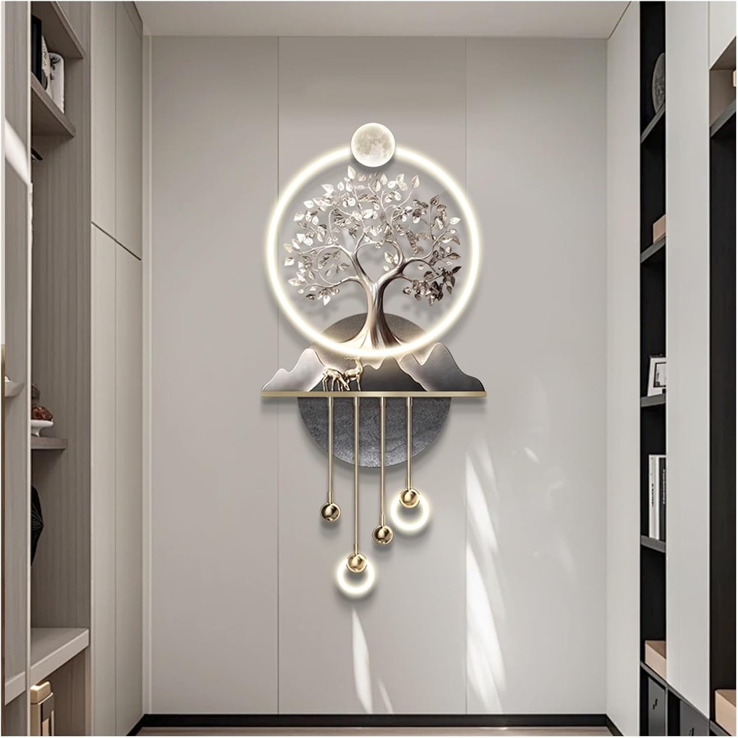 3D Wall Art Decor with LED Lights, Metal Creative Wall Art Decoration with Warm Lights, Large Family Hanging Sculpture Painting China for Living Room, Bedroom, Entrance(V,19.68x47.24in)