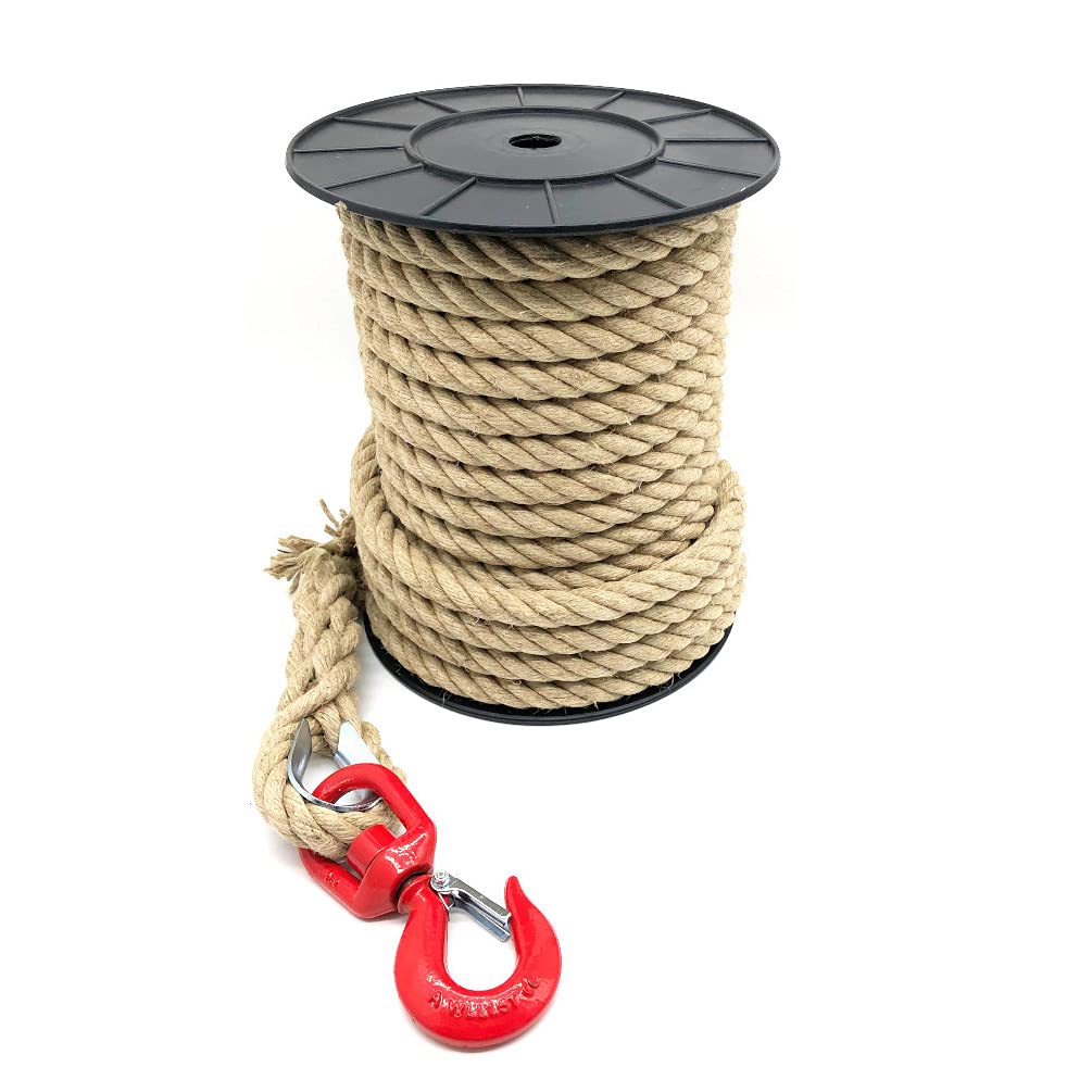 D-Work Seilrolle mit Hanfseil, Durchmesser 20/22 mm x Länge 25 m + C.M.U Wirbel Haken 1500 kg mit Heben