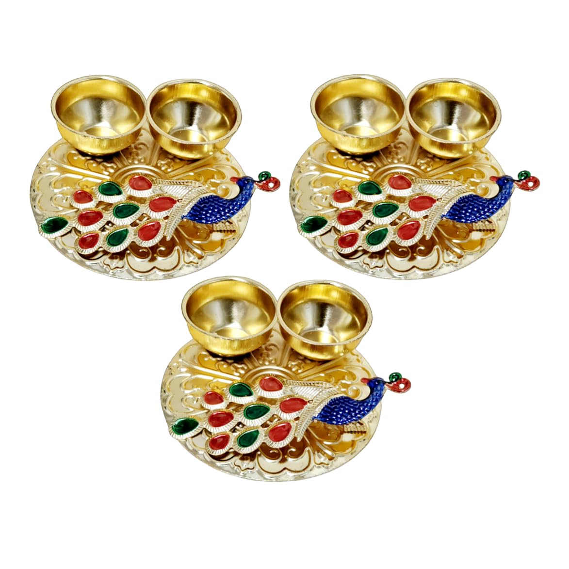 Aura Mart Multicolor Golden Peacock Design With Colored Gemstones Thali For Rakhi|Diwali|Ganpati Festivals & Return Gift (Peacock, 3) Haldi Kumkum Holder
