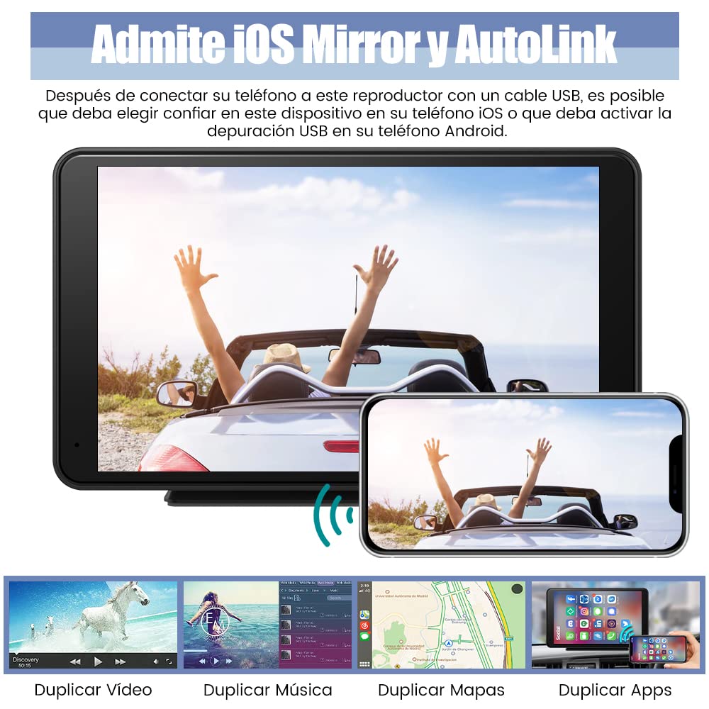 AWESAFE Reproductor de CarPlay/Android Auto/iOS Mirror/Auto Link(Mirror Link), Radio Portátil con Pantalla para Coche, Admite Bluetooth/Cámara Trasera/Siri y Otra Asistencia de Voz/USB/TF/AUX
