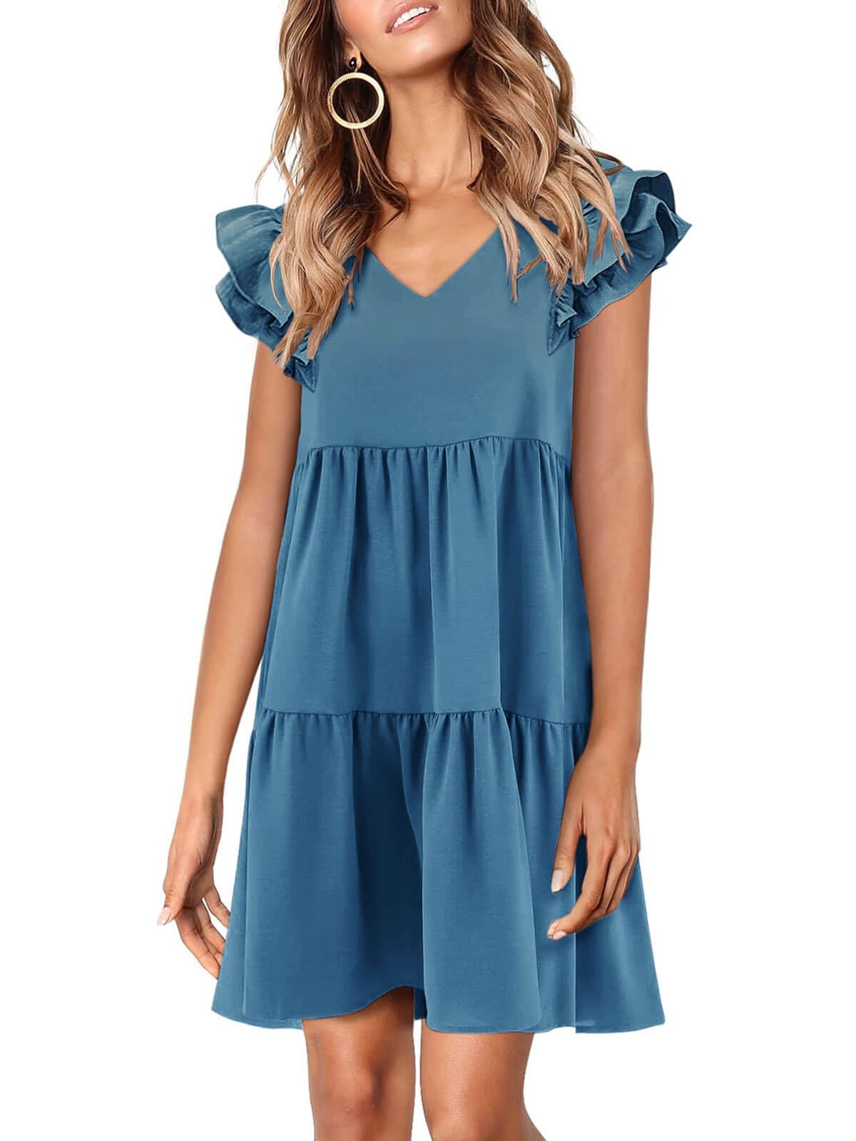 Zwurew Summer Babydoll Dresses for Women 2025 Cute Ruffle Cap Sleeve V-Neck Flowy Swing Mini Dress Sundress