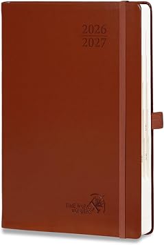 POPRUN Daily Planner 2026-2027 One Page per Day, A5 Size 5.7" x 8.5" Academic Planner July 2026 - June 2027 Hourly Appointment Book with Vegan Leather Hardcover, Monthly Tabs & Inner-pocket - Brown