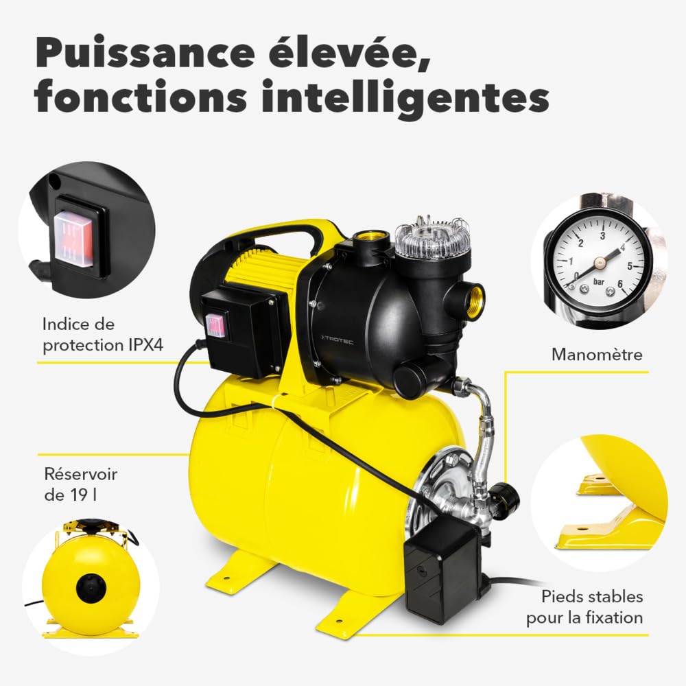 TROTEC Station d'eau domestique TGP 1025 EF - pompe avec préfiltre, débit 3500 l/h, 1000 W, hauteur de refoulement 30 m - économie d'énergie, redémarrage automatique, arrêt automatique, pour | Acier inoxydable, 3500 l/h, 1000 W, hauteur de refoulement 30