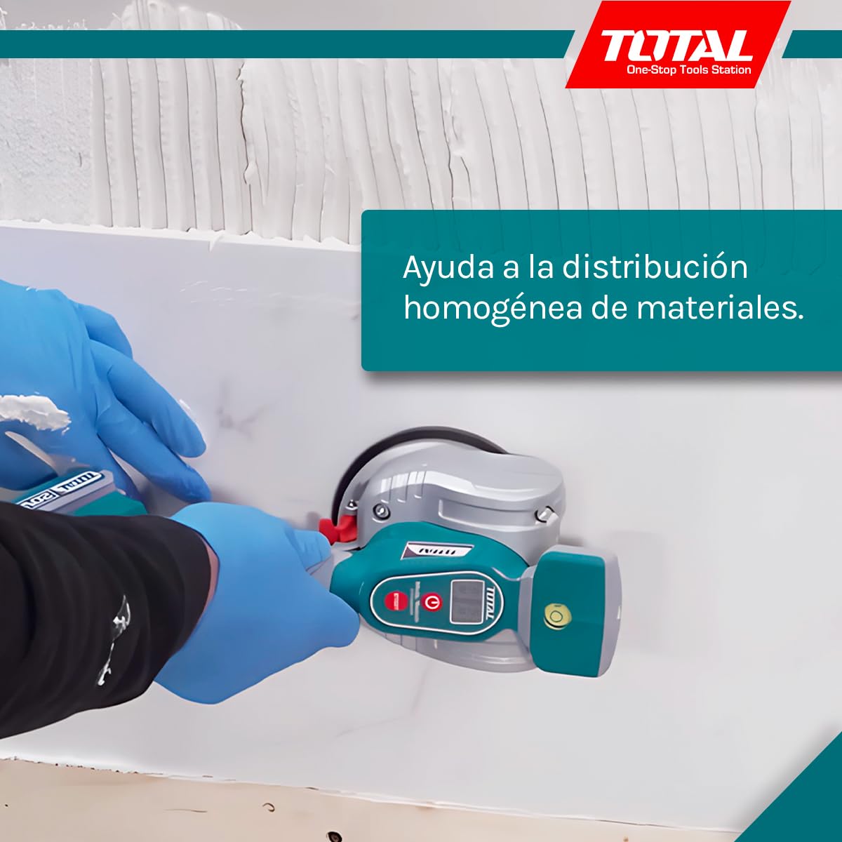 TOTAL - Ventosa Vibradora para Azulejos - Maquina para Instalación de Baldosas - 10000 rpm - Diámetro de 125mm - Batería Cargador y Rodilleras - Succión 50kg