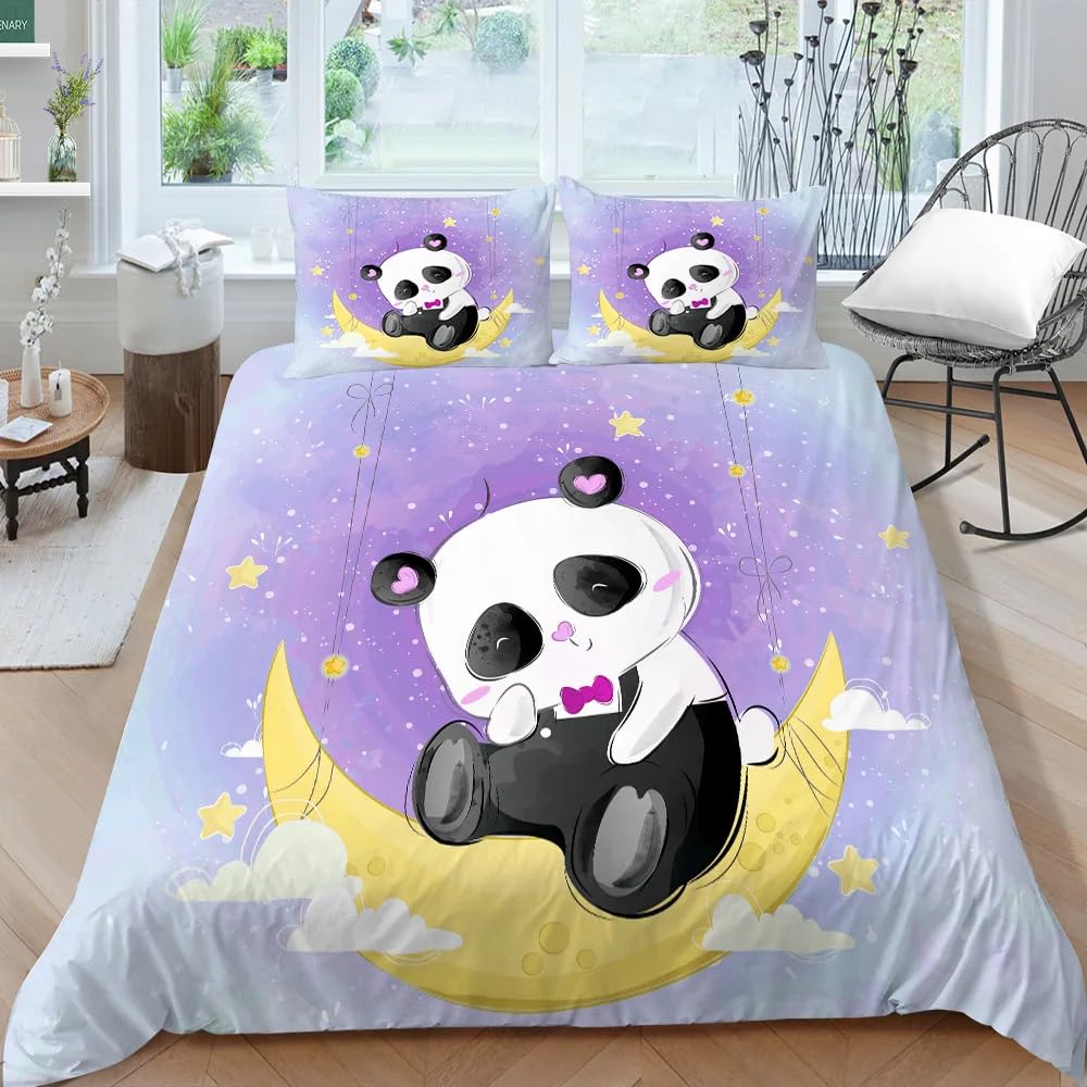NDXRWDZR Super King Size Duvet Set Purple Panda Duvet Cover with Zipper Closure Bedding for Aldults Kids Soft Breathable Microfiber Cover 260x220 cm + 2 Pillowcases 50x75 cm