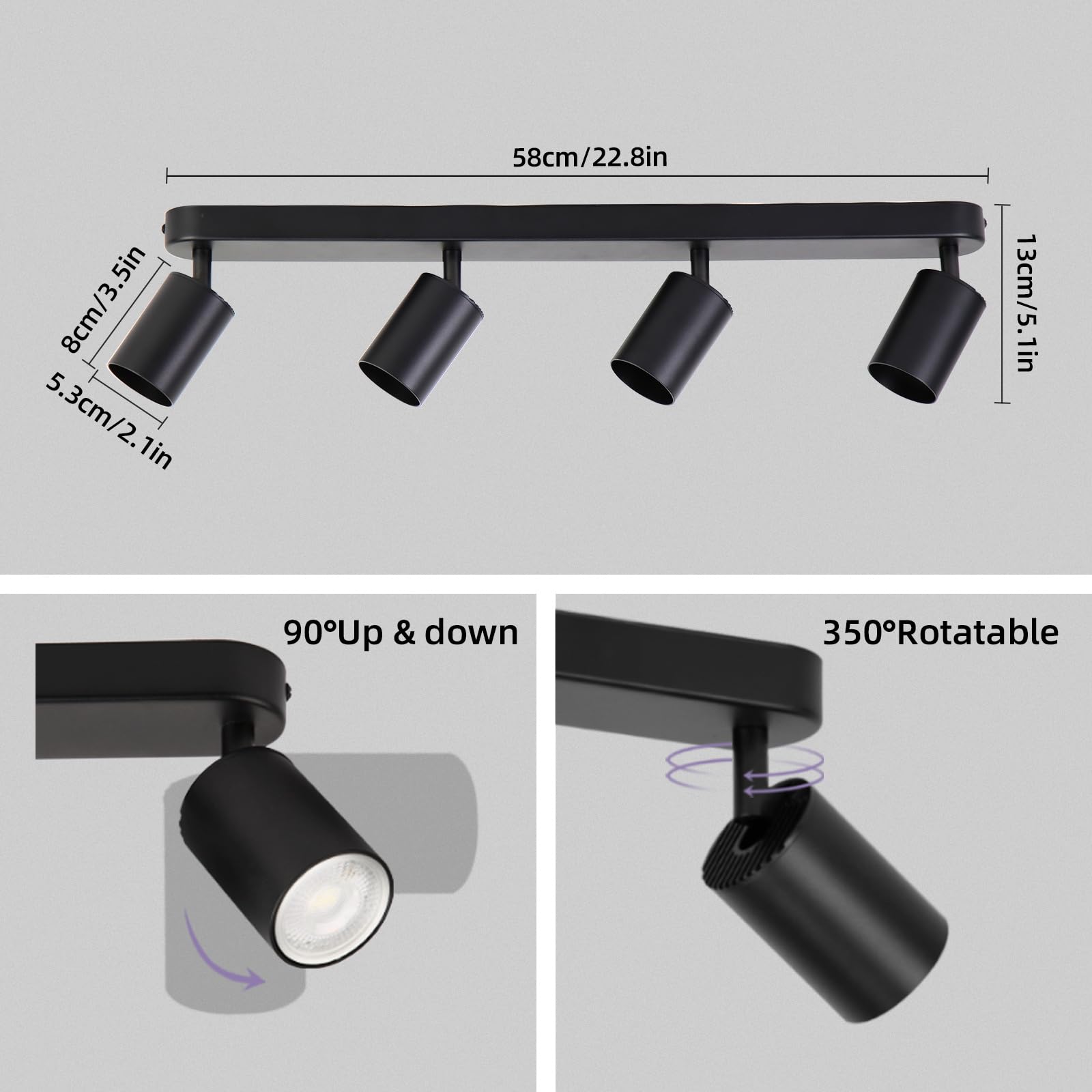 CANMEIJIA Plafonnier Noir 4 Spots, Plafonnier Spot Led Orientable Luminaire GU10, Spot Orientable, Rotation De 350°, Barre droite rail luminaire, Sans Ampoules, Pour Cuisine
