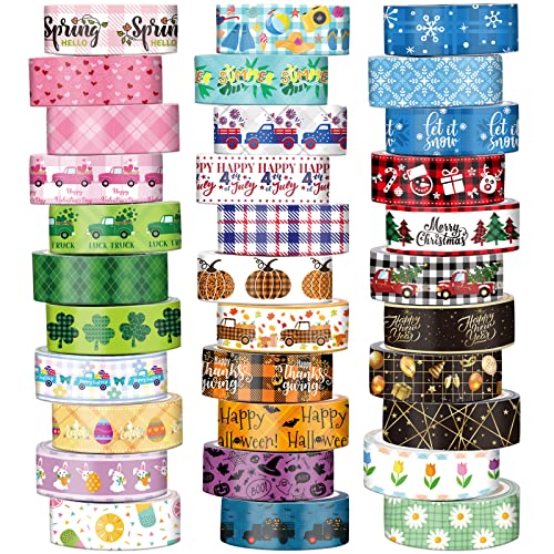 TaoBary 33 Rolls Washi Tape Set 15 mm Holiday Washi Tape Set Seasonal Plaid Bohemian Colorful Vintage Cute for Card Wrapping Craft(Cute Style)