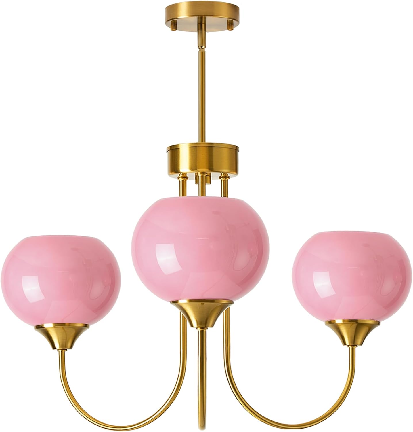 Pink Glass Globe Chandelier 3 Light Mid Century Modern Chandeliers with Rod Vintage Art Decor Ceiling Light Fixtures for Dining Room Kitchen Living Room