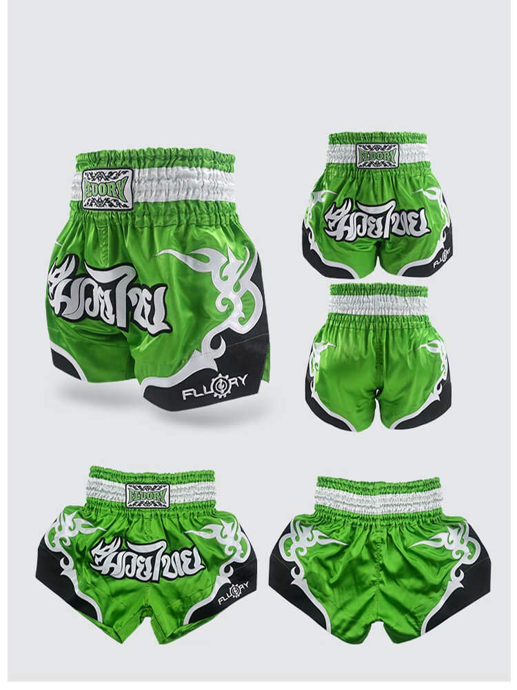 FLUORY Muay Thai Shorts, reißfeste Boxshorts MMA Kampfkick Bekleidung für Männer Frauen Kinder Kampfsport Training Grappling M grün - Image 3