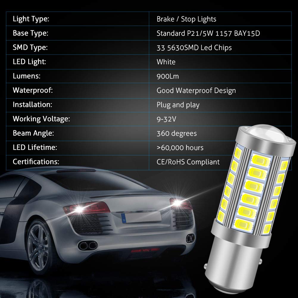 KATUR 10 szt. 1157 BAY15D 5630 33-SMD białe 900 lumenów 8000 K super jasne LED kierunkowskaz hamulca stop żarówka żarówka 12 V 3,6 W