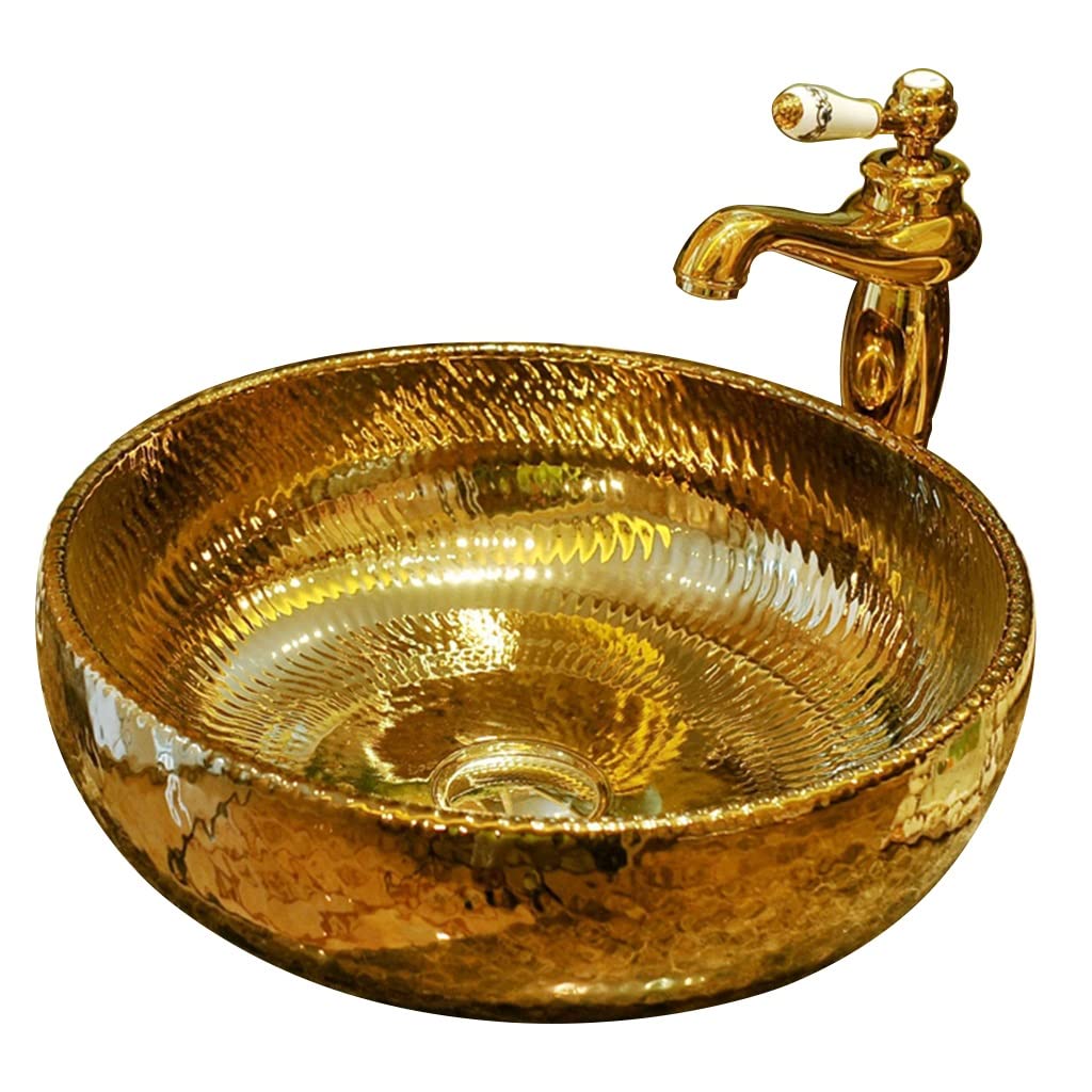 TIANQIHAO Golden Ripple Ceramic Bathroom Vessel Sink Bar Vanity Sinks Hand Painted Countertop With Faucet And Drain Assembly Installation