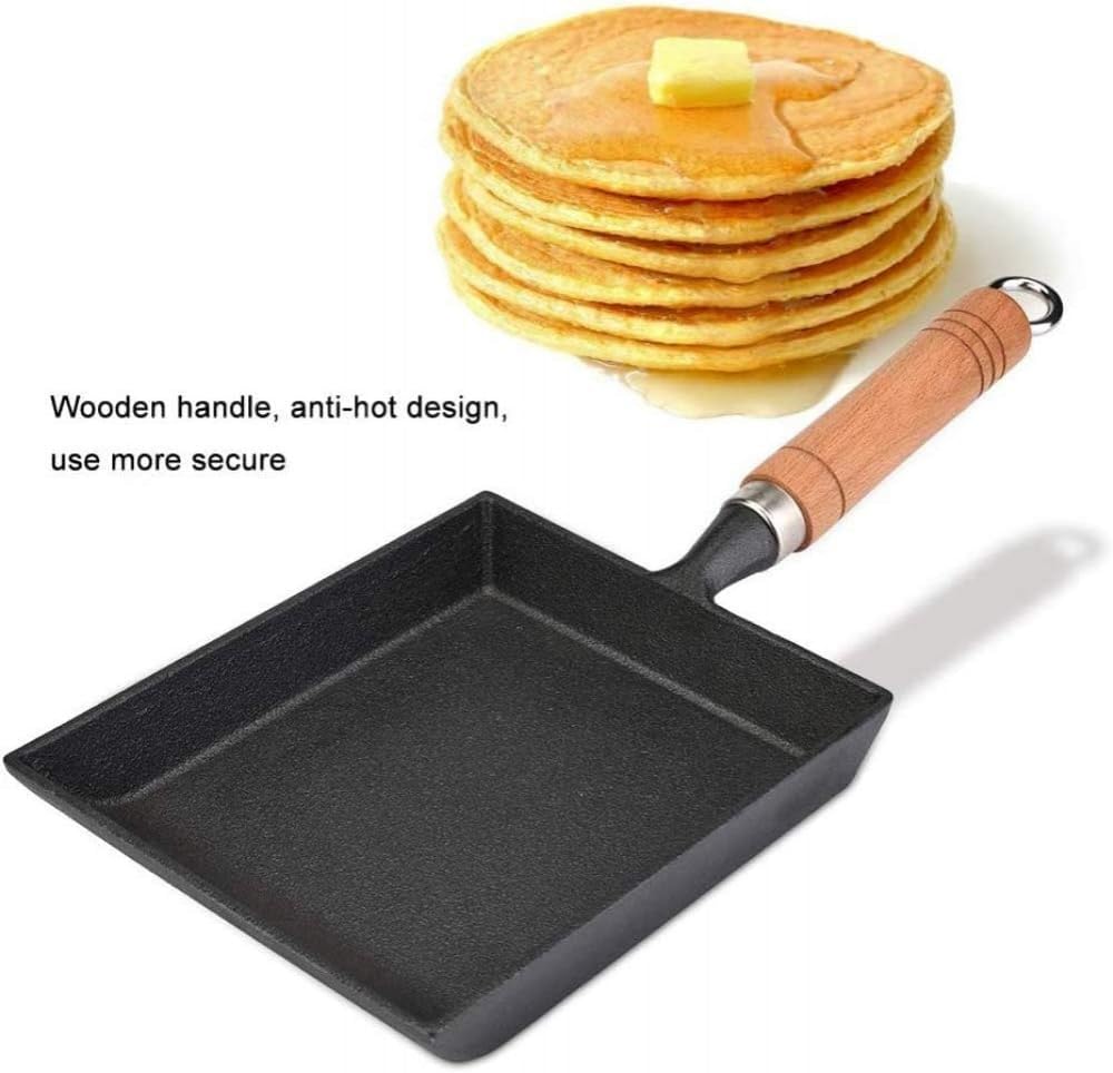 Mini patelnia żeliwna, nieprzywierająca patelnia do omletów Tamagoyaki z drewnianym uchwytem, uniwersalna do kuchenki indukcyjnej i kuchenki gazowej