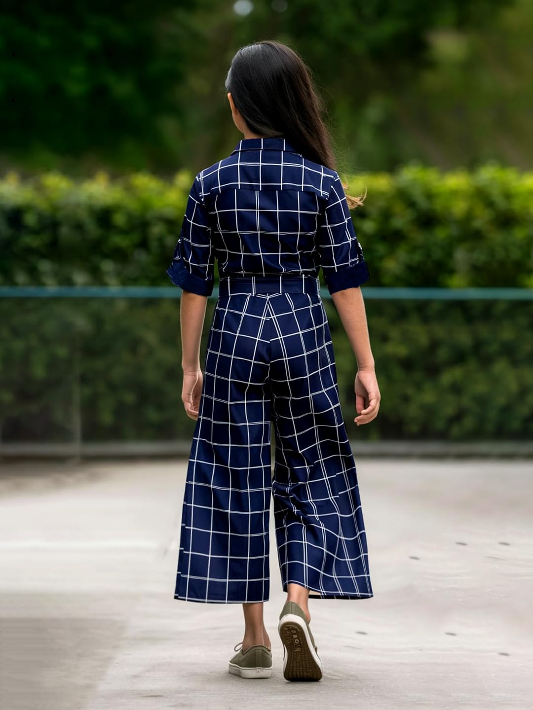 Naughty Ninos Girls Navy Blue Checkered Printed Jumpsuit (Nn01034Drs_6-7 Years)