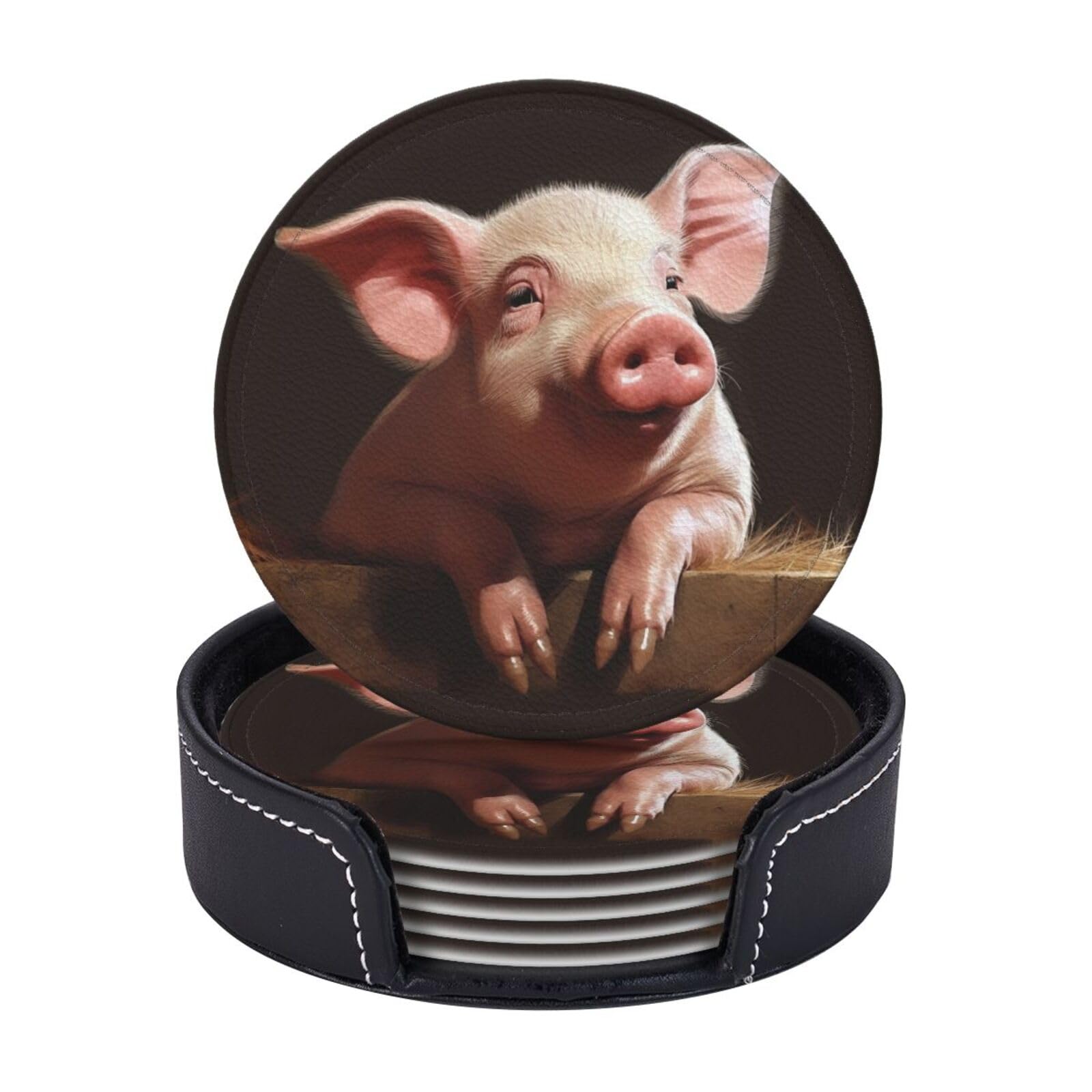Round Coasters for Drinks Set of 6 - PU Leather Coasters with Holder - Modern Drink Coasters for Coffee Table - Smiling Coaster for Tabletop Protection 4" Cup Mat Pad