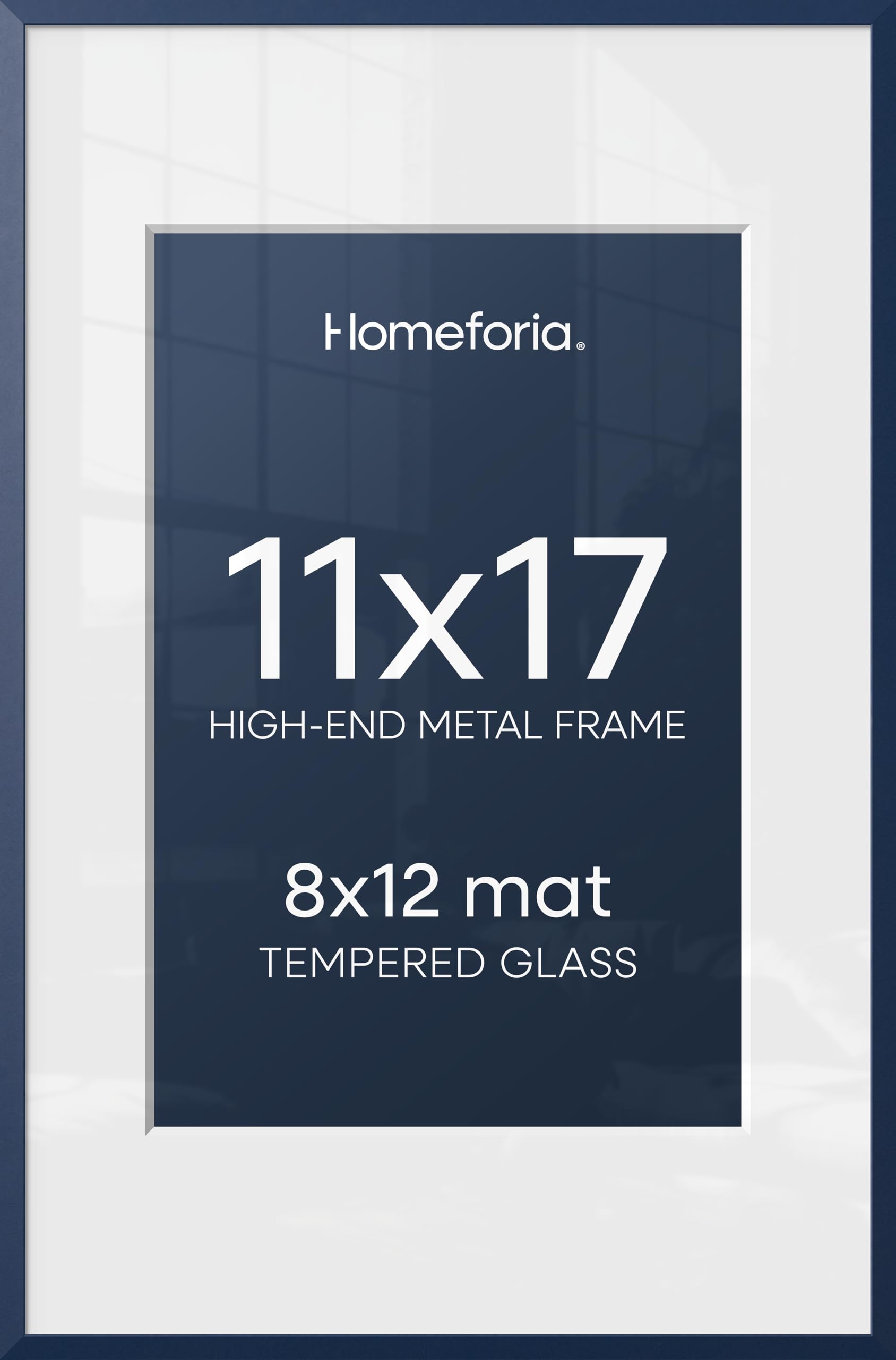 Homeforia 11x17 Blue Picture Frame, High-End Metal, 8x12 Mat, Glass | High End Aluminum, Tempered Glass, Acid-Free 8x12 Removable Mat, 11x17 in Edge-to-Edge Display 17x11, Wall Kit, Set Of 1