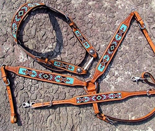 Showman Argentina Cow Leather Headstall & Breast Collar Set w/Aztec Beaded Inlays