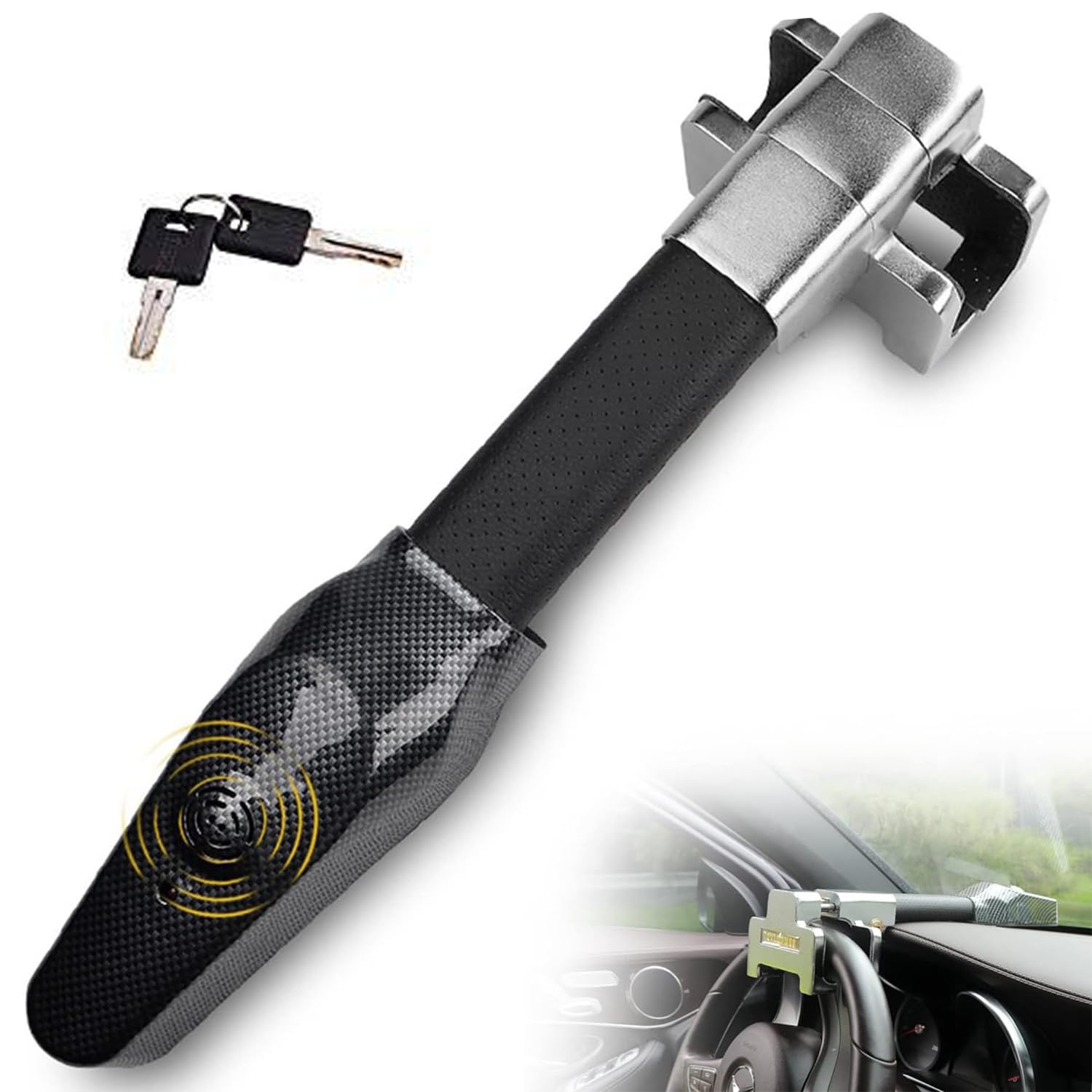MiBoce Car Steering Wheel Lock, Car Lock Anti-Theft Device, with 120dB Alarm, LED Warning Light, 2 Keys, Adjustable Length, for Cars, SUVs, Pickup Vans