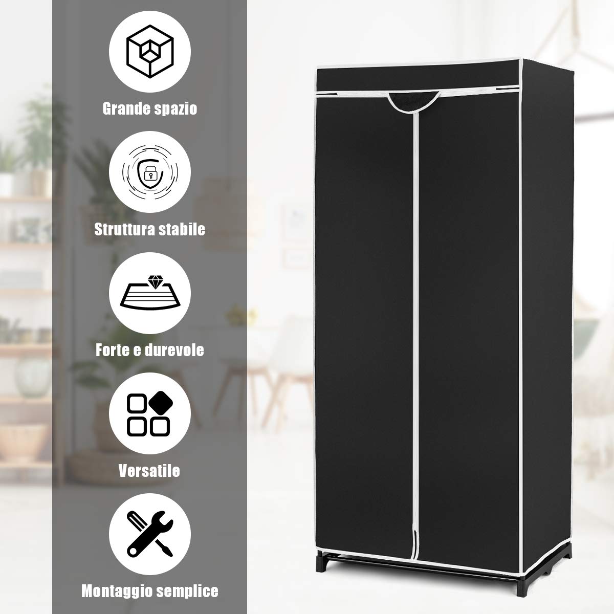 DREAMADE Armadio Semplice in Tessuto Armadio Cabina Pieghevole con Ripiano, 75 x 50 x 170 cm (Nero)