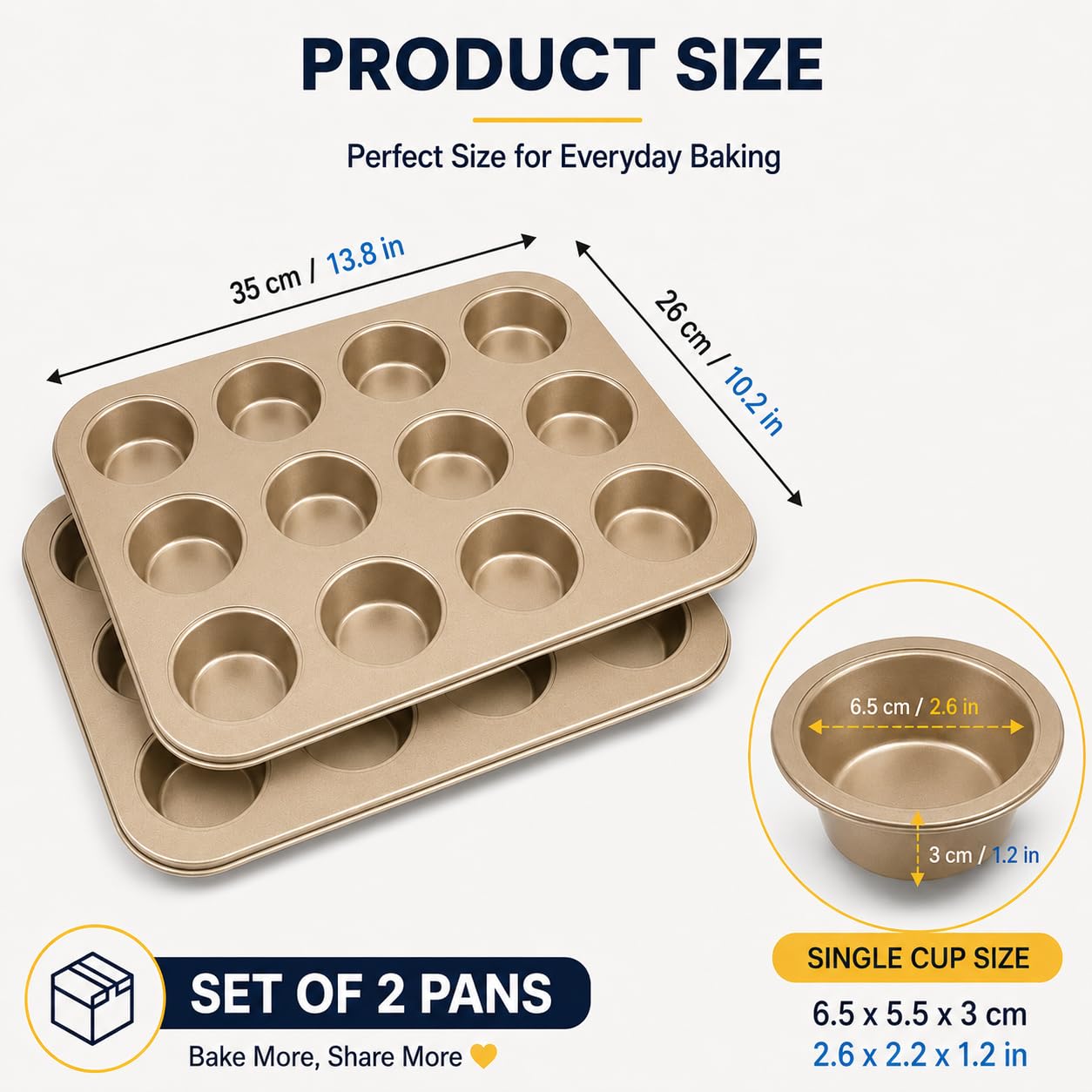 Juego De 2 Moldes Para Muffins De 12 Tazas, Bandeja Para Hornear Magdalenas,Lata Para Muffins De 12 Cavidades Para Horno, Moldes Para Pasteles De Taza Aptos Para Lavavajillas (Oro)