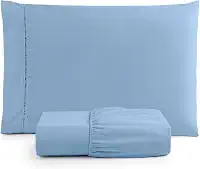 Jogo de Lençol Solteiro 2 Peças Micropercal 400 Fios com Ponto Palito, Toque Acetinado de Hotel, Antiácaro, Não Amassa, Lençol com Elástico, Não faz bolinha (Cor Azul Claro)