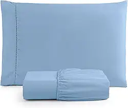 Jogo de Lençol Solteiro 2 Peças Micropercal 400 Fios com Ponto Palito, Toque Acetinado de Hotel, Antiácaro, Não Amassa, Lençol com Elástico, Não faz bolinha (Cor Azul Claro)
