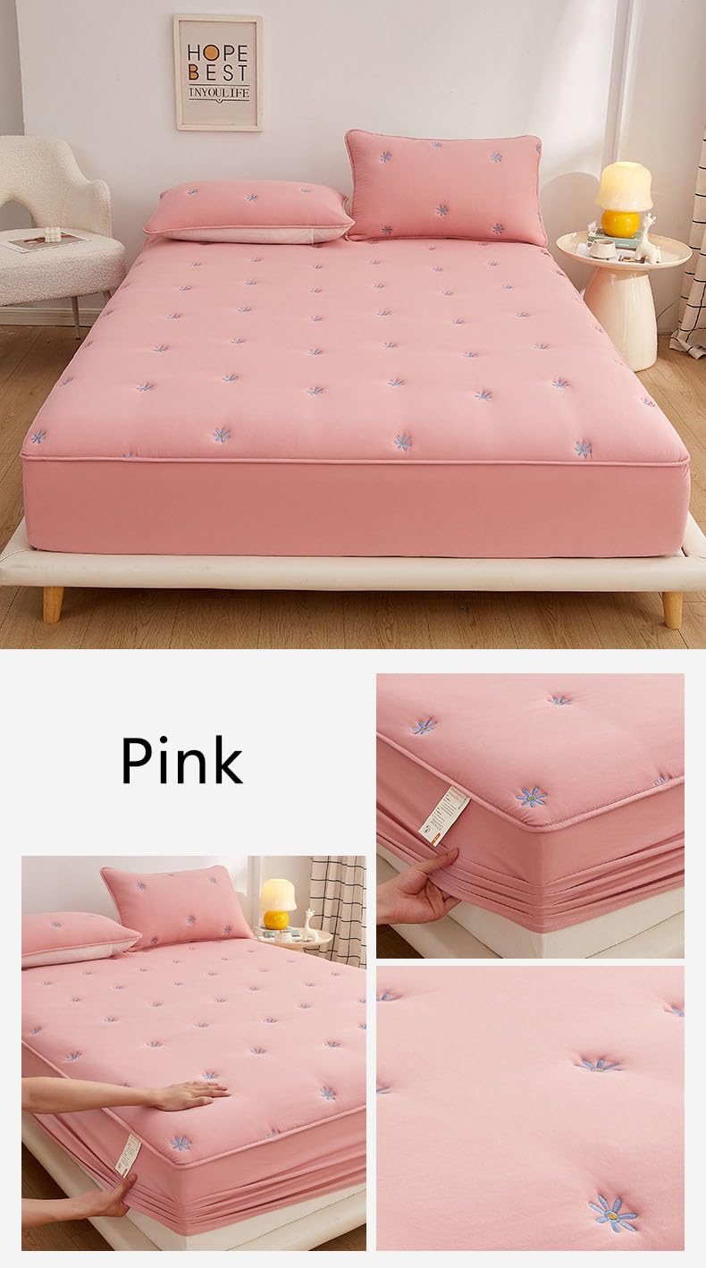 Topper Protector De Cama Lavable con Motivo De Margaritas Y Cintas Elásticas, Funda Protectora De Colchón Confort, Funda De Colchón Transpirable-Pink||200 * 220cm