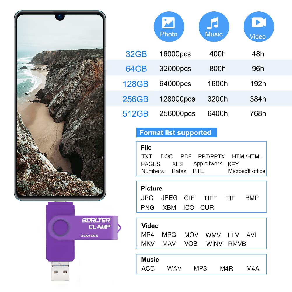 Memoria USB 3.0 de 256 GB Unidad Flash 3 en 1 para Teléfonos Android, BorlterClamp Pendrive OTG Memory Stick con 3 Puertos (USB C/microUSB/USB 3.0) para Samsung Galaxy, PC y Más (Púrpura)