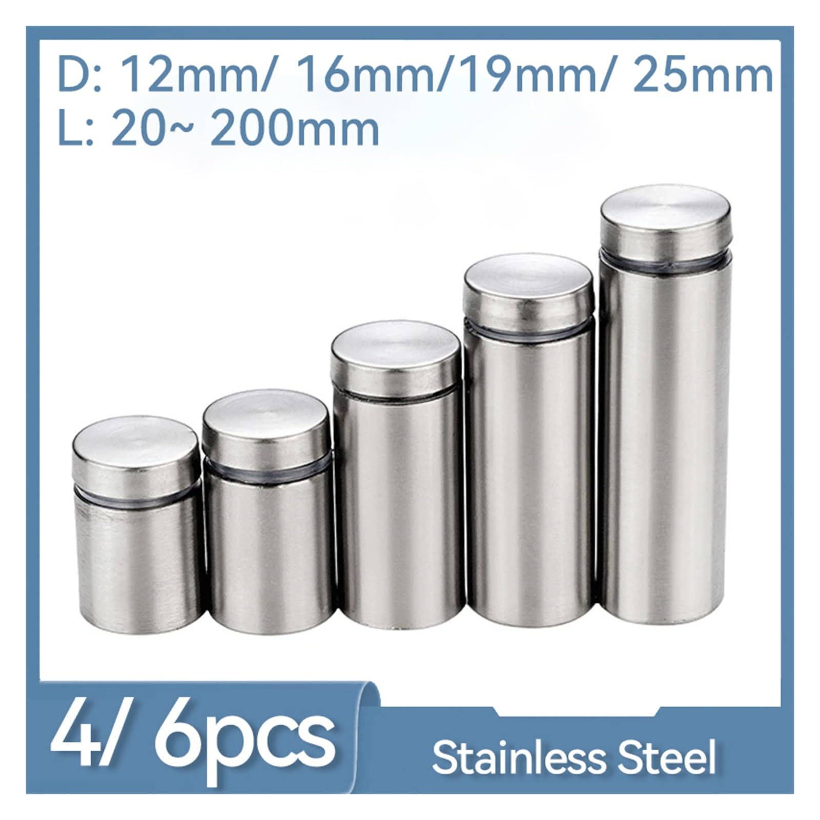 Soportes de aluminio, Tornillos de fijación separadores acero inoxidable for letreros vidrio, varios tamaños(60pcs,D12x100mm)