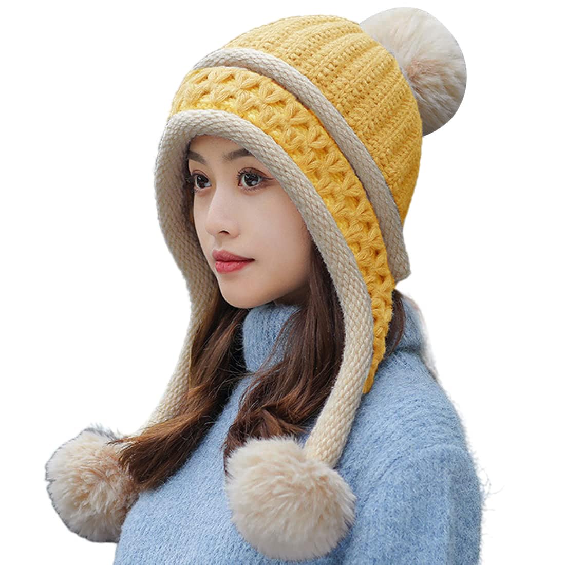 HUAMULAN Women Winter Beanie Hat Earflap Peruvian Warm Slouchy Fleece Lined 3 Pom Poms Knit Sherpa Soft Ski Hats