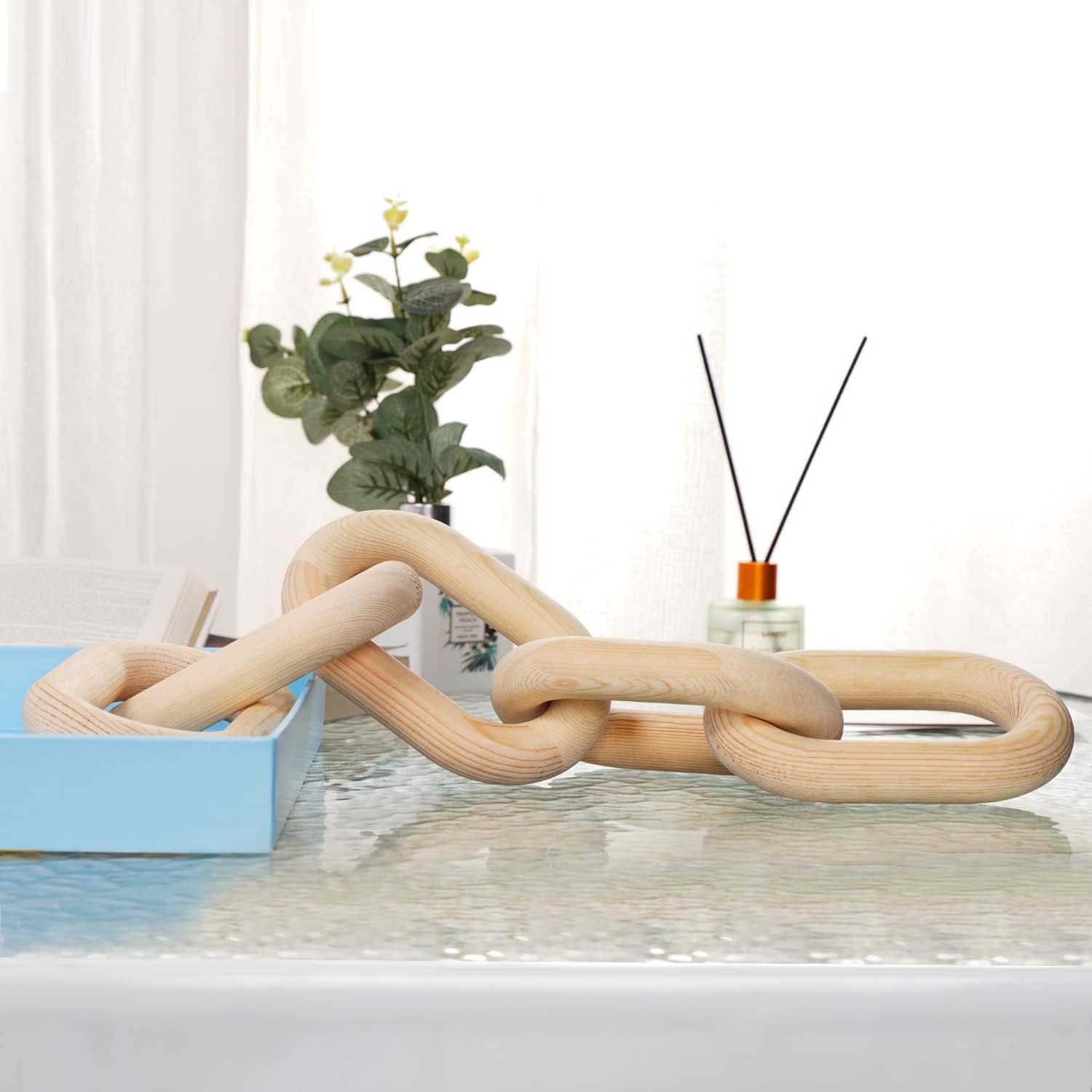 Decorative Wood Chain Link Modern Boho Home Farmhouse Decor, 5 Link Chain Decor Hand-Carved Wooden Aesthetic Crafts, Sustainable Pine Wood for Shelf, Living Room, Rustic Country