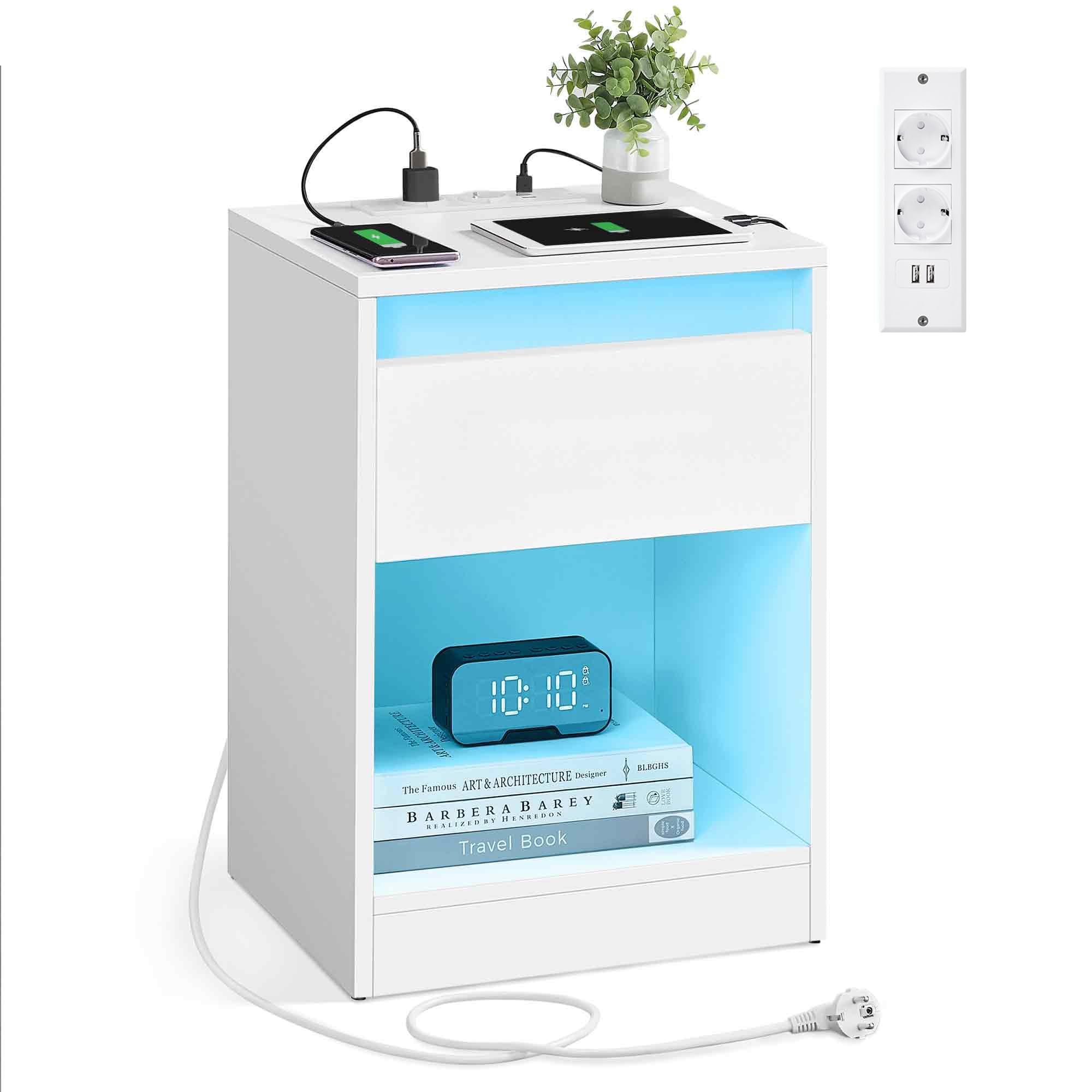 VASAGLE KAILYN Kolekcja Stolik nocny z listwą zasilającą, stolik boczny z regulowanymi diodami LED, szuflada, 2 gniazda, 2 porty USB, nowoczesna, sypialnia, salon, biała chmura LET618T15