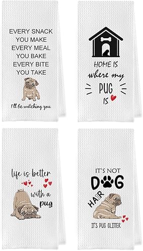 Geqtt Divertidos paños de cocina con tejido de gofre, toalla de té de regalo de pug, toalla de mano de regalo de pug, regalos de carlino para los