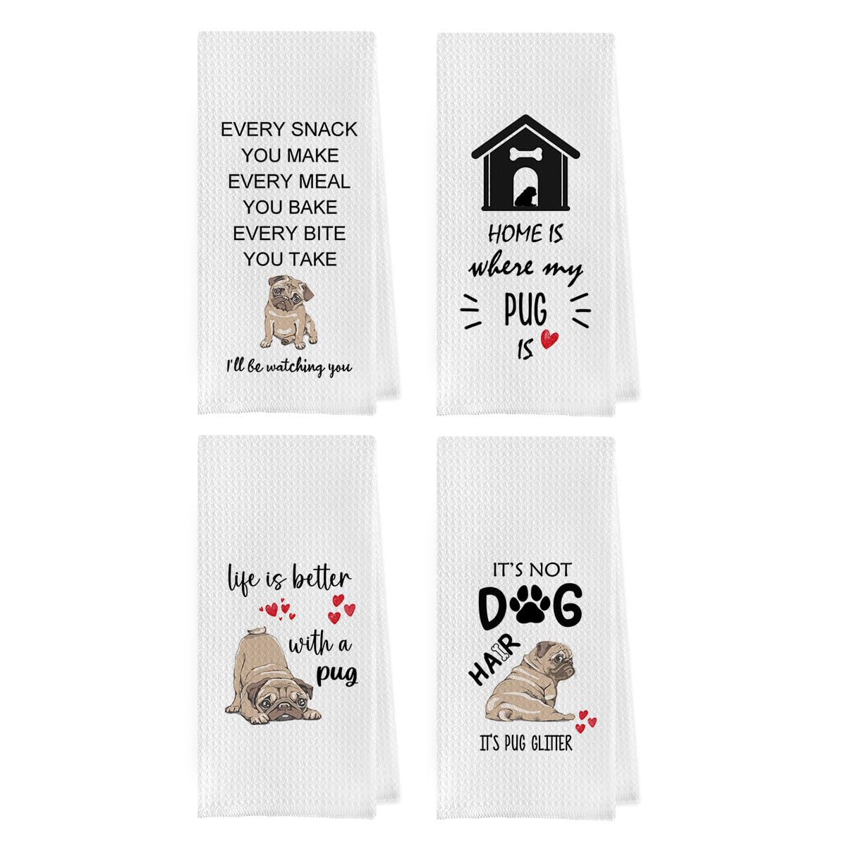 Geqtt Funny Pug Dish Towels - Pug Waffle Weave Kitchen Towels, Pug Gift Tea Towel, Pug Gift Hand Towel, Pug Gifts for Pug Lovers (16×24 Inches Set of