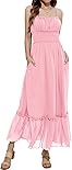 GRACE KARIN Womens Ruffle Maxi Dress Spaghetti Strap Boho Smocked Cami Dress Sleeveless Summer Beach A Line Flowy Long Maxi Dress with Pockets Pink 2XL