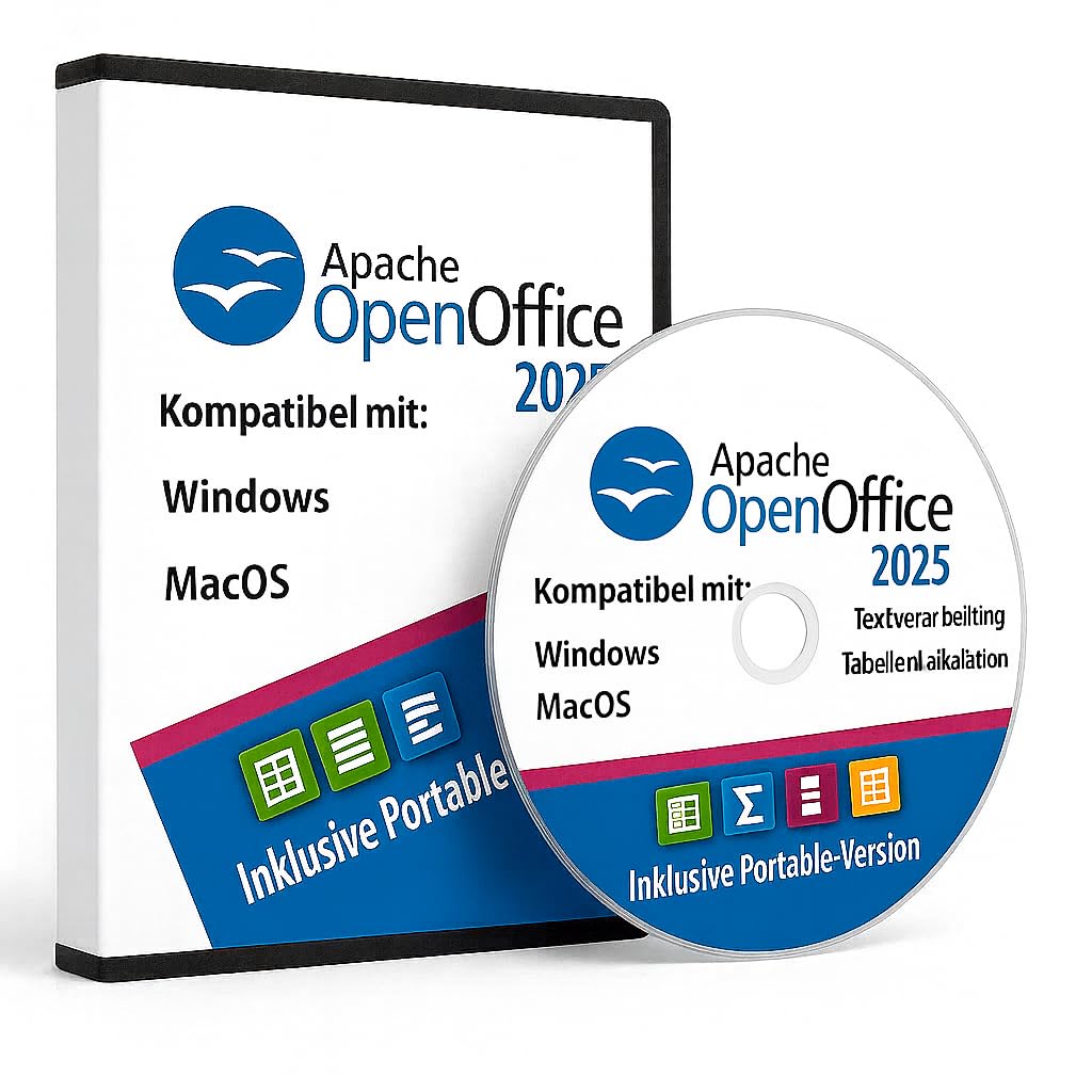 Apache OpenOffice 2025 auf DVD – Multi plattform Version – Deutsch – Writer, Calc, Impress – Kein Abo, offline