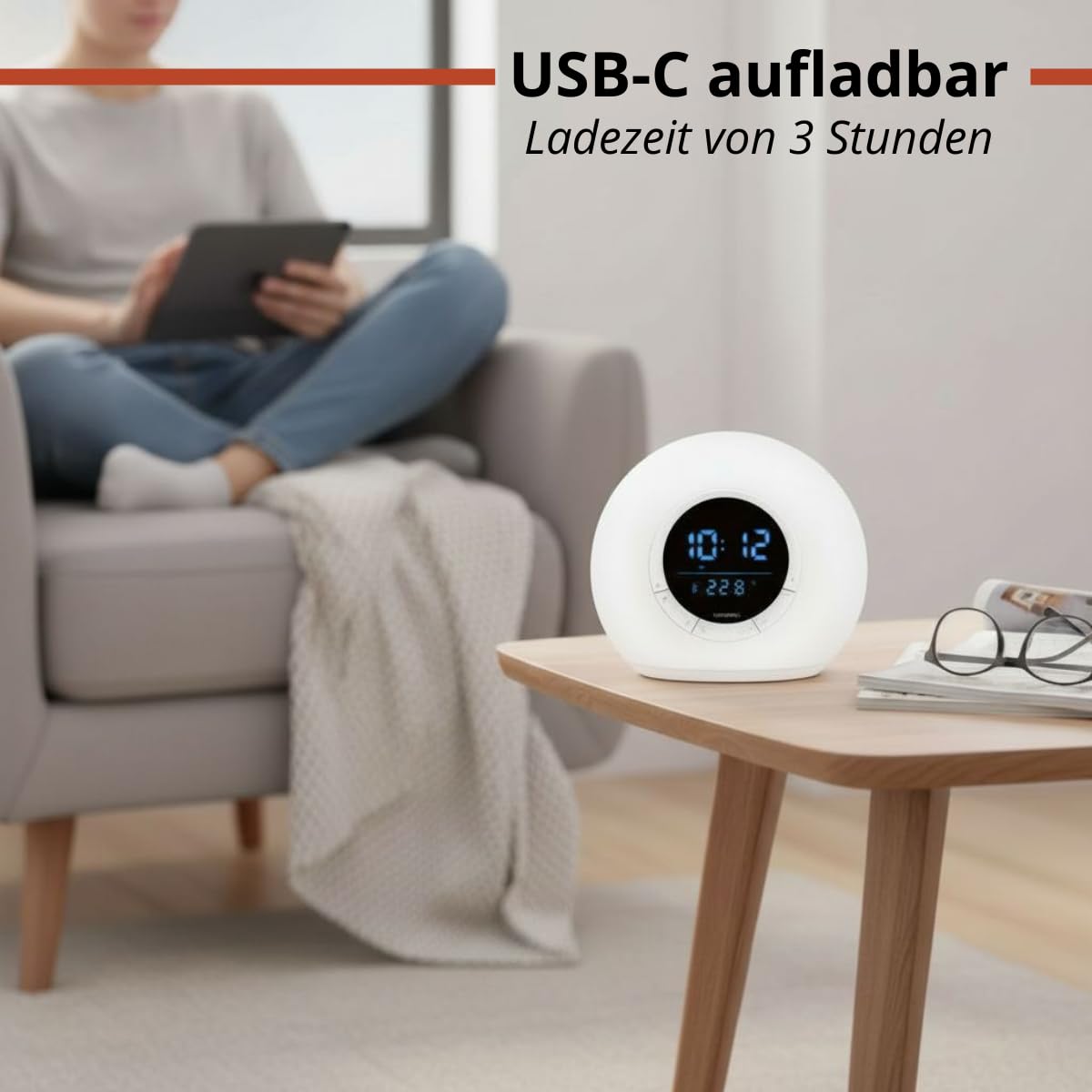 Grundig Tageslichtwecker – Nachttischlampe Radio und Bluetooth – Lichtwecker mit LED-Anzeige – Radiowecker mit Licht und Naturgeräuschen – Weiß