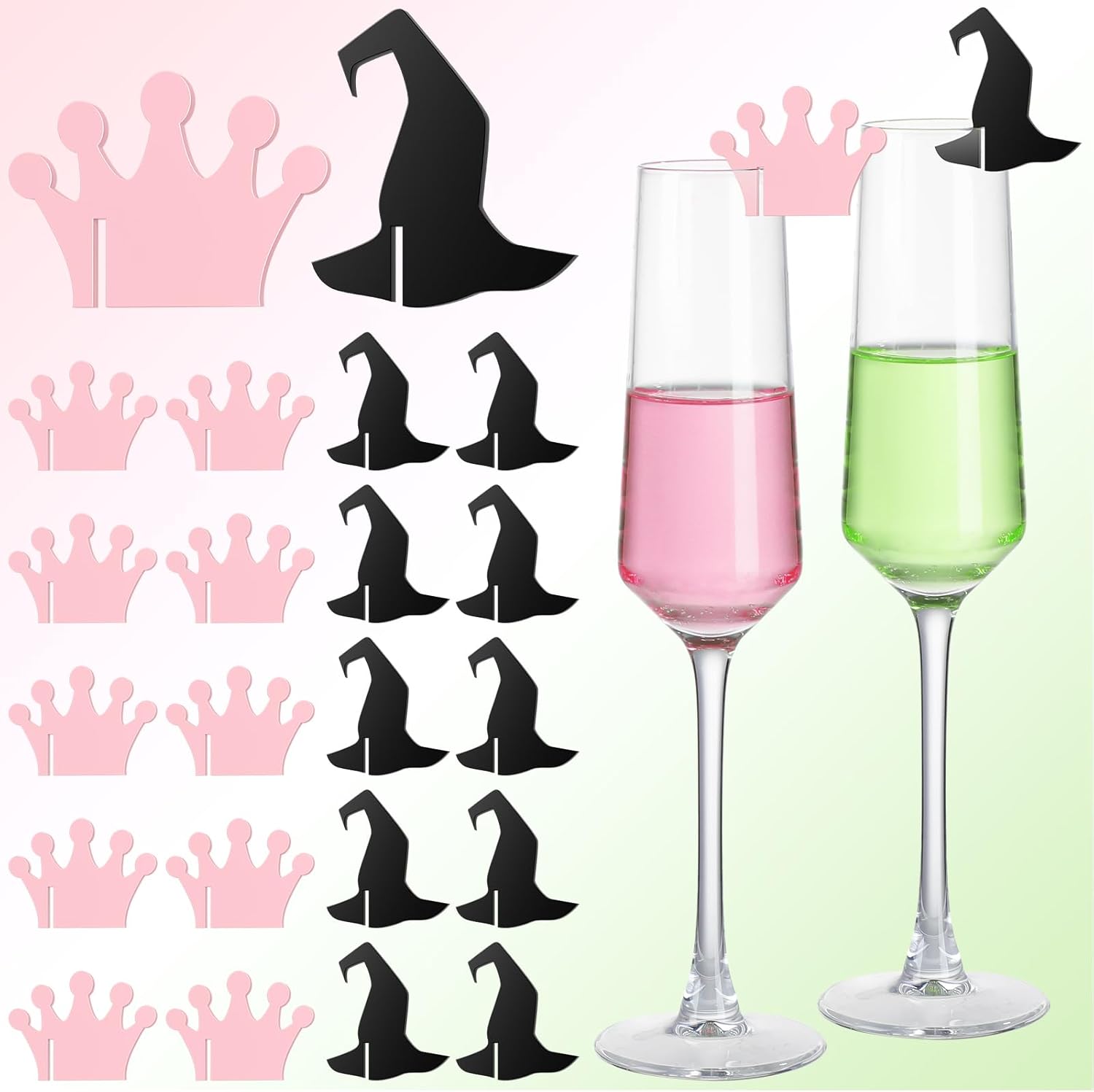 50 Pcs Witch and Crown Drink Markers Princess and Witch Party Favors Crown and Hat Drink Tags Reusable Princess Wine Glass Charms for Birthday Party Halloween Decorations Crown and Witch Hat
