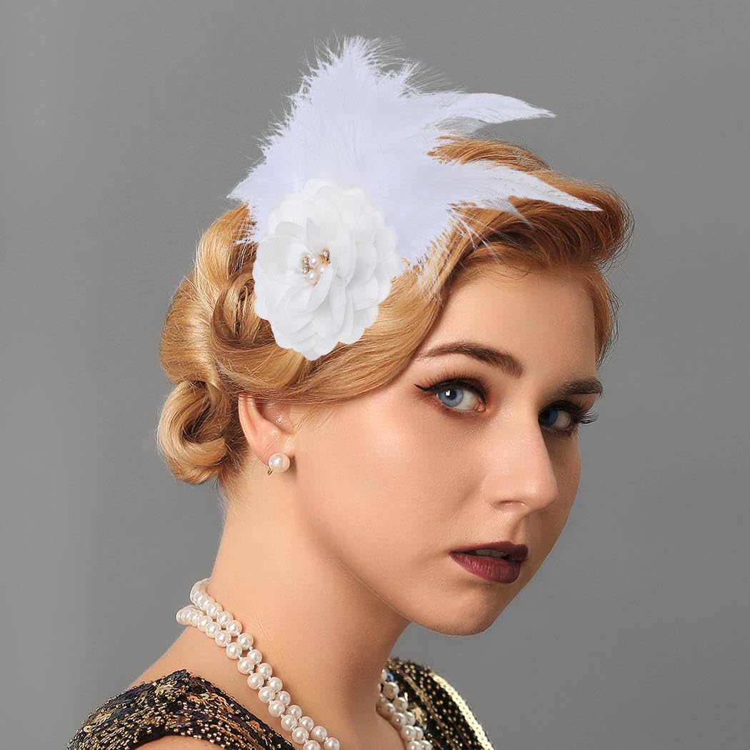 Flayem 1920s Feather Hair Clip Fascinator Gastby Flower Rhinestone Pearl Prom Costume Hair Accessory for Women (White-B) - Image 2