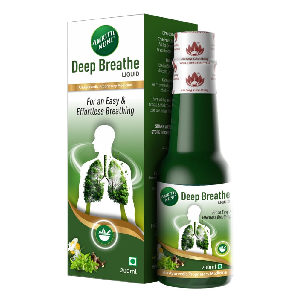 Amrith Noni Deep Breathe Liquid - 200ml | Ayurvedic Asthama Care Juice | With the goodness of Vasa, Yashtimadhu, Pippali, Kantakari, Khadira, Shunti, Maricha, Lavanga and more Herbs (Pack of 1)