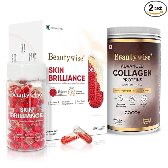 Advanced Marine Collagen Proteins Powder With Hyaluronic Acid, Glutathione - 250 Grams I Glutathione with NAC - 500mg - 60 Capsules I Combo I (Collagen Cocoa + Glutathione)