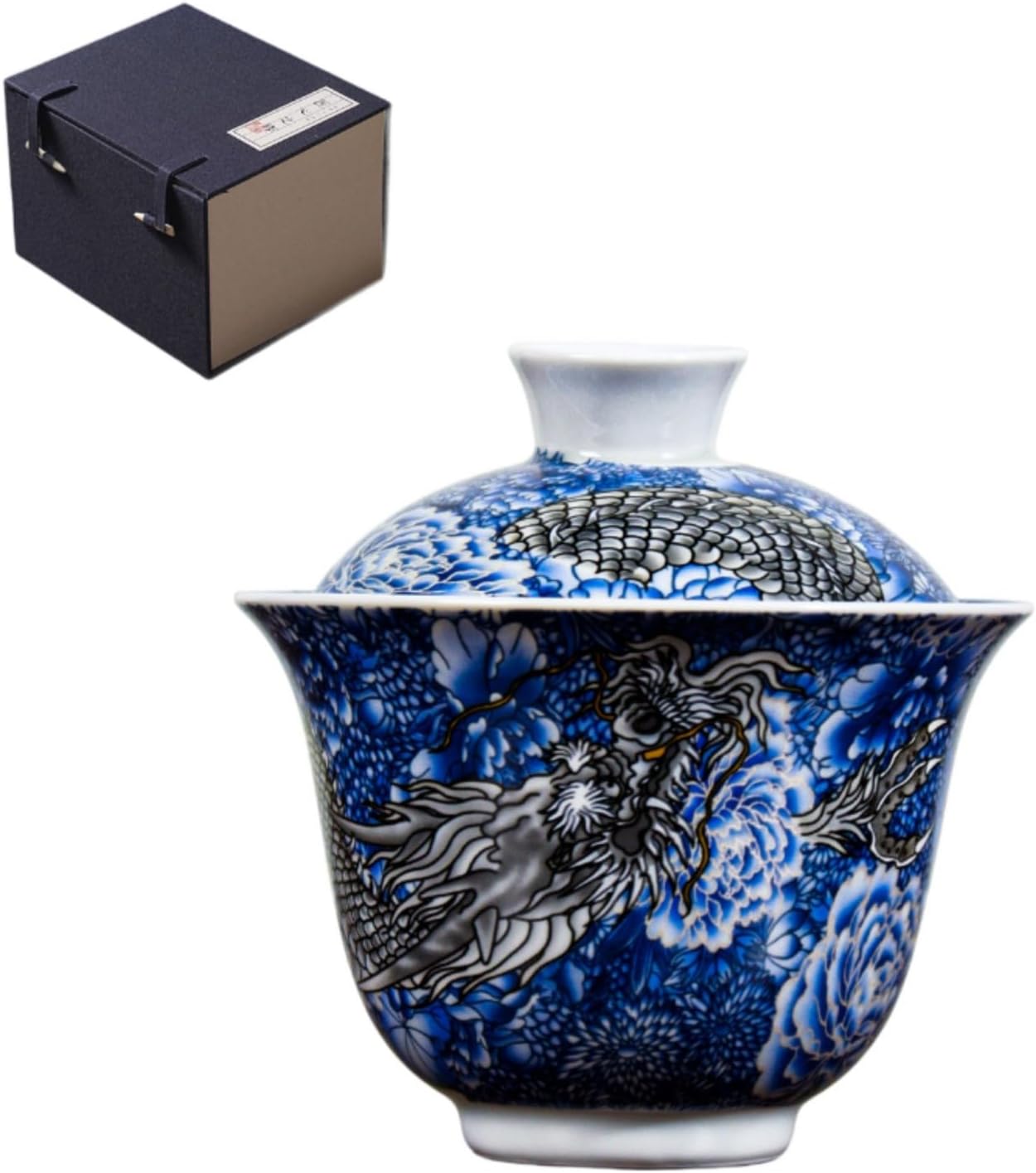 【大师典藏款】 满工青花墨龙二才盖碗-礼盒装 Glass Tea Cup,Ceramic cup Set,Zi Sha Tea Cup,Ceramic Teapot,Purple Clay Tea 大师手工满工青花陶瓷墨 Ceramic Coffee Mugs Set,Microwave & Dishwasher Safe,Gift for Man and Women