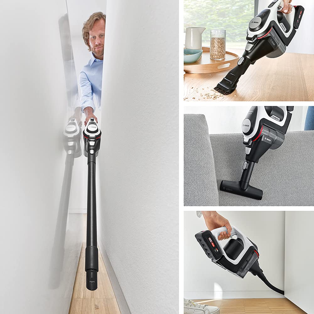 Bosch Electroménager Unlimited 8, BBS8214, aspirateur Balai Rechargeable sans Fil, autonomie de 65 Min, 1 Batterie Interchangeable Power for All 18V, Chargeur Rapide, Blanc