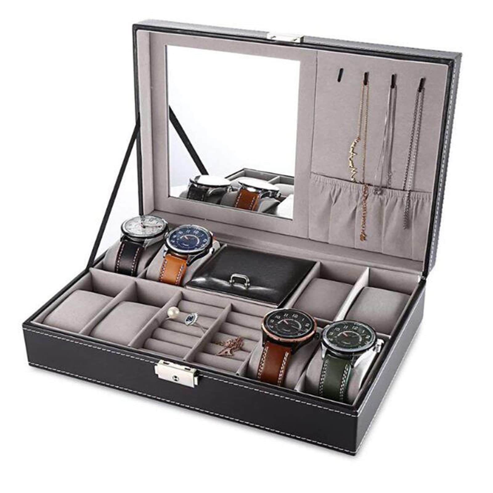 Kosmetik-Schmuck-Aufbewahrungsbox, Leder-Uhrenbox für Herren, 8 Plätze, Uhren-Organizer-Tablett, Schmuck-Display, Schublade mit Deckel
