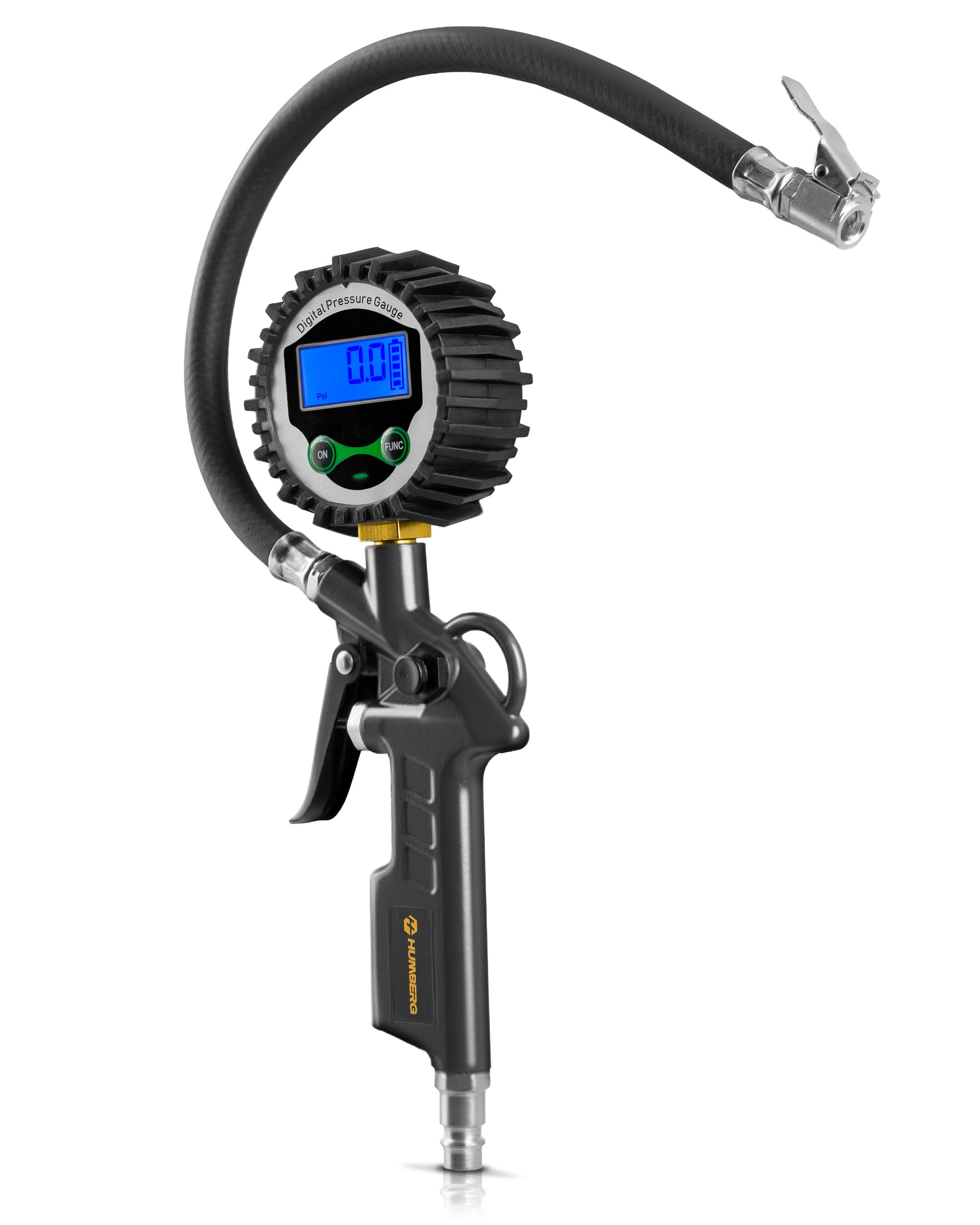 Humberg Inflador digital de neumáticos con manómetro – manómetro de presión de neumáticos de 15 bares con pantalla LCD – Medidor de presión de aire para coche, moto y bicicleta – Manguera de 34 cm