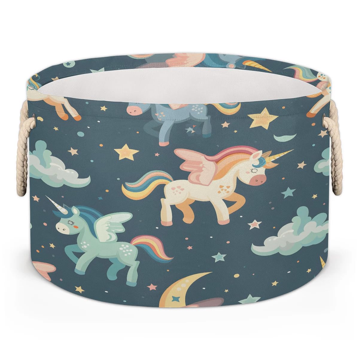 Tablerazzi Cute Unicorn Cloud Large Round Blanket Basket Bin, Blanket Basket for Living Room Collapsible Fabric Laundry Hamper Basket with Handle