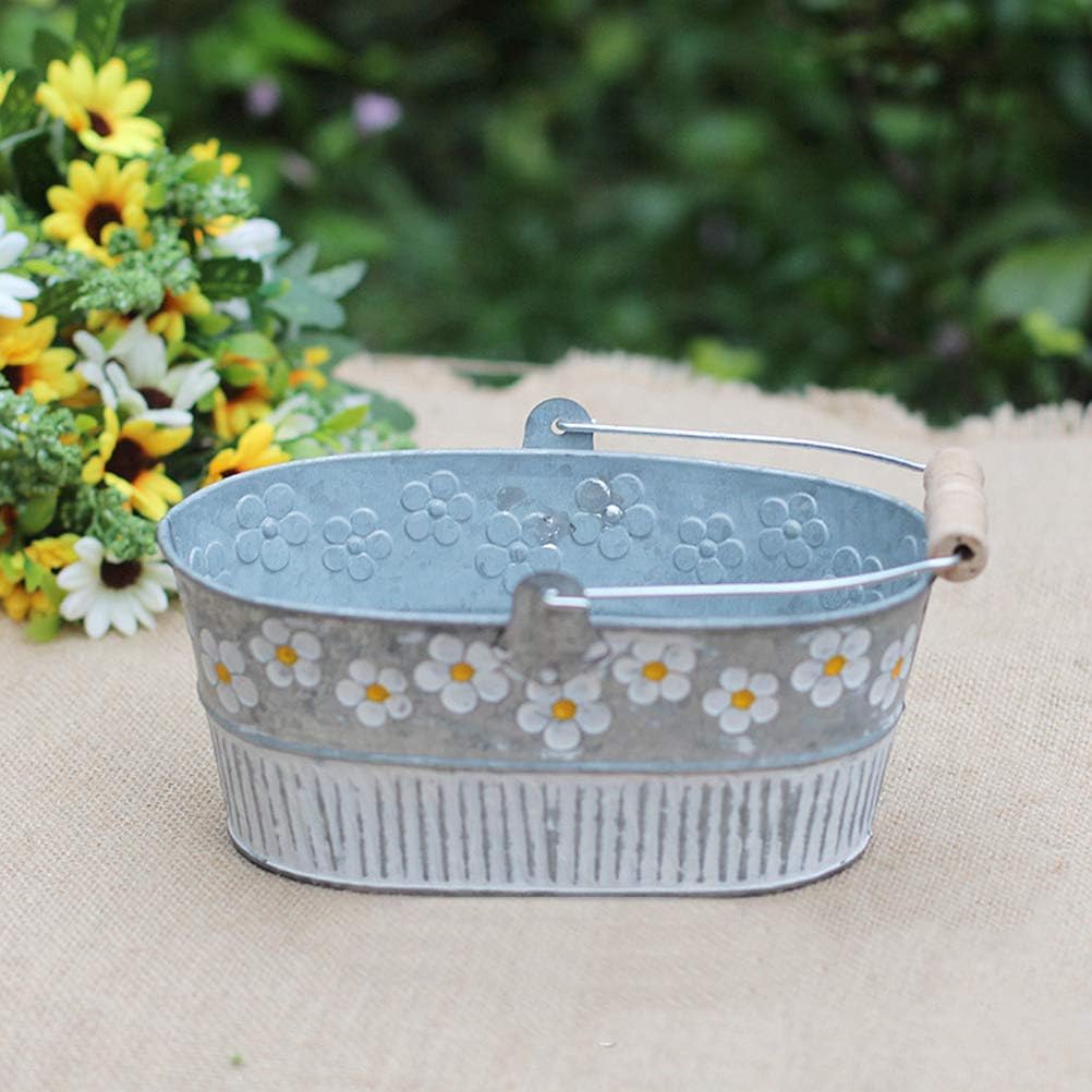 Yardwe Vintage Embossed Metal Bucket Planter with Daisy Pattern Small Oval Galvanized Tin Bucket for Indoor Outdoor Garden Decor 7.5X6.3X3.1 Inch