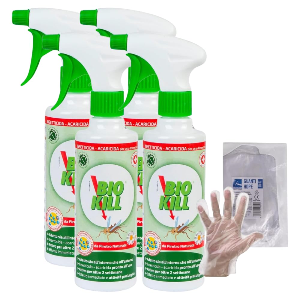 BIOKILL Insetticida Acaricida Microincapsulato No Gas, Ideale per Interni ed Esterni, Inodore e Non Macchia, Resiste a Umidità e Raggi Solari, 375ml + OMAGGIO 100pz Guanti HDPE Monouso (4 Flaconi)