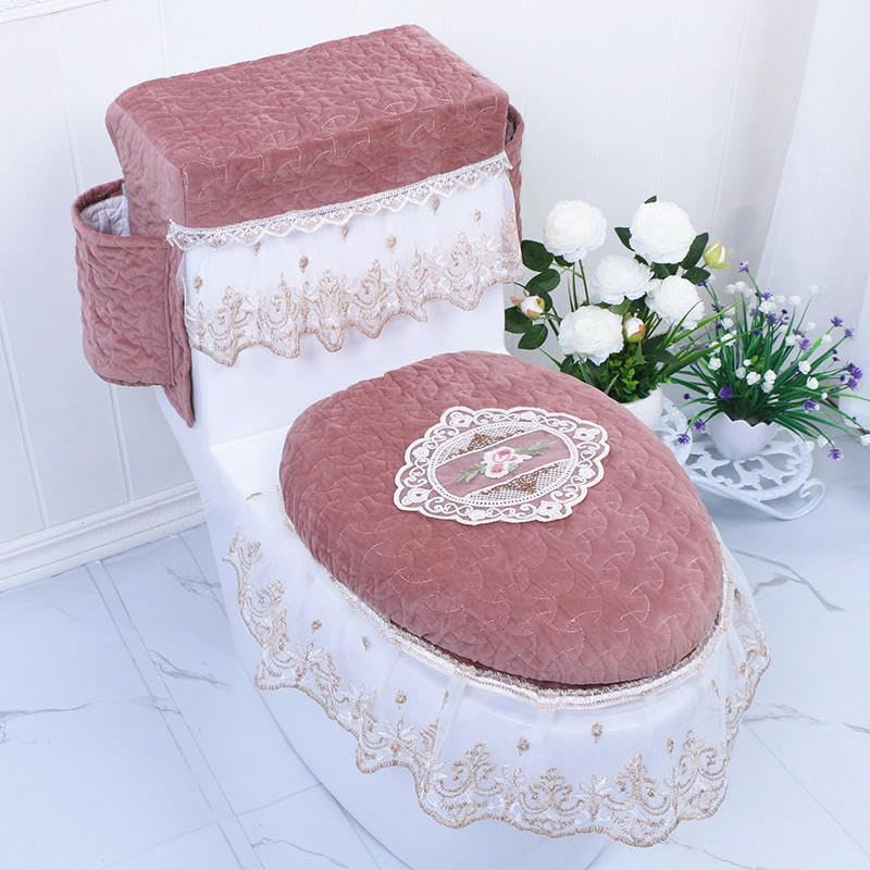 Toilet seat Covers Lace Embroidery Toilet Lid Covers, 3pcs/Set Chenille Blue Lid & Tank Covers with 2 Pockets Toilet Seat Cover Pads Toilet Seat Cushion Pads Toilet Seat Warm Pad(Storage Gray)