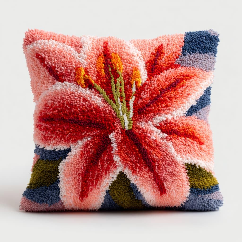 Taxpy Latch Hook Kits, Lily Flowers Pillow for Pillow Pre-Printed Patterns Pillowcase Needlework Crochet Yarns Latch Hooking Cushion 17x17inch